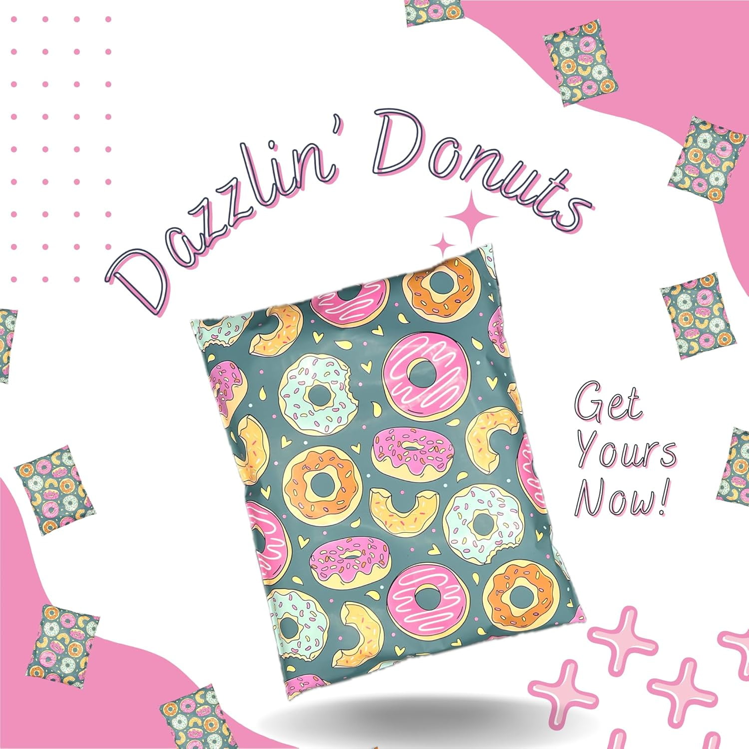 Hawk Poly Mailers 10x13 Cute Donut Hearts Heavy Duty 3.15mil Tamper-Evident & Self-Sealing Shipping Envelopes for Small Businesses Printed Waterproof Mailing Bags Non Padded (Dazzlin' Donuts, 10x13)