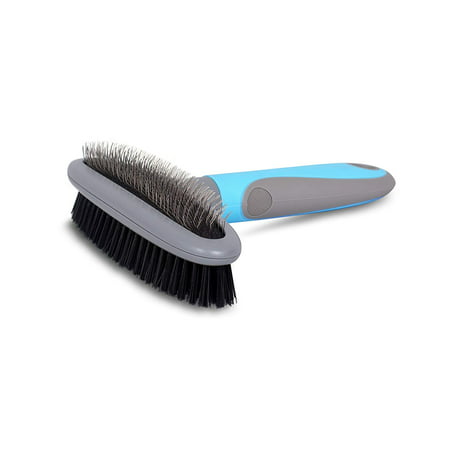 Internet's Best 2 Sided Dog Brush | Pet Grooming Soft Bristle & Fine Flexible Bent Wire Brush | Double Slicker & Bristle Brush for Cat or Dog | Long or Short Hair | Blue and Grey