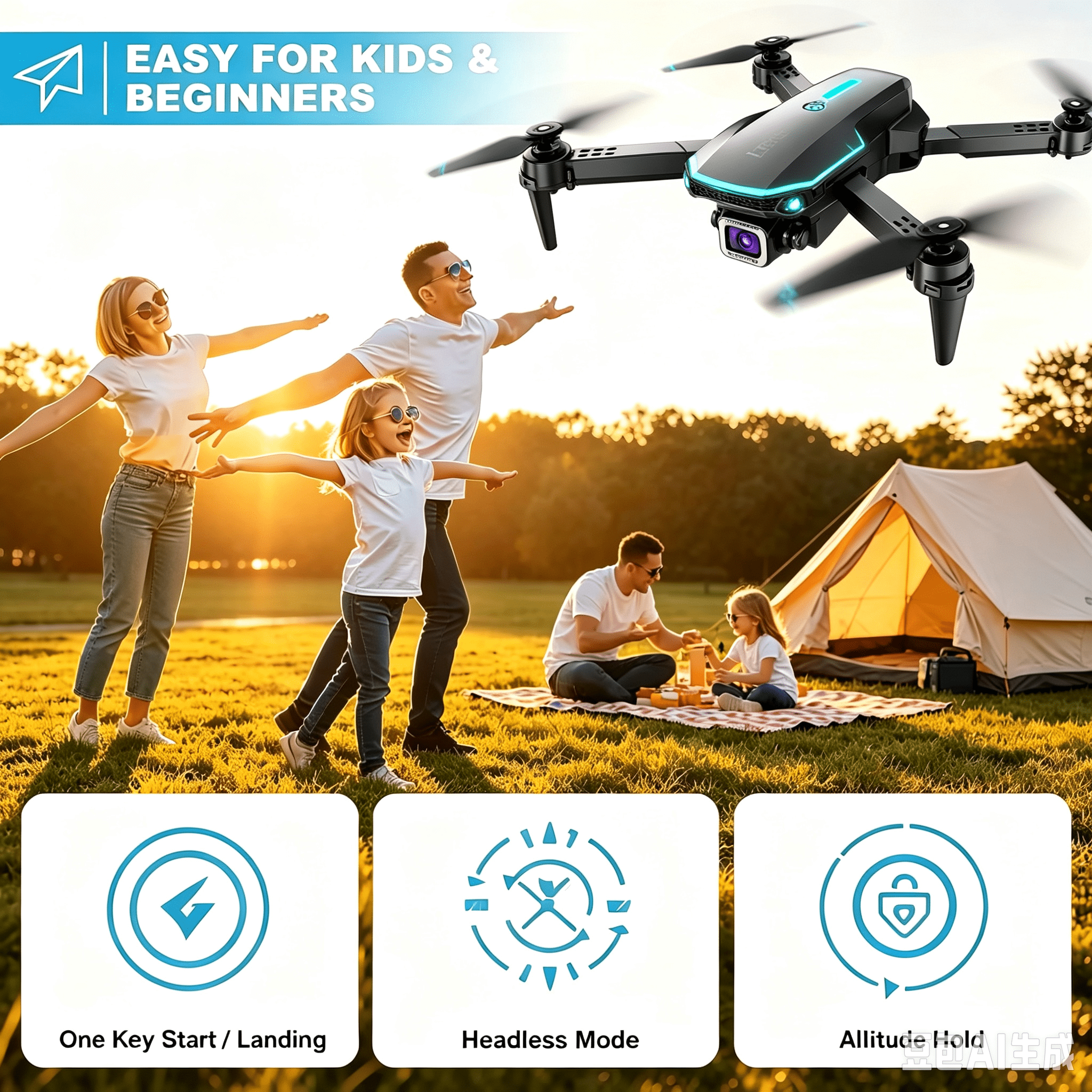 TongLi DR1916 Foldable Drone, Screen Controller, Single Camera, Shockproof 3D Flip Beginner Quadcopter Gift for Kids 8+ Black