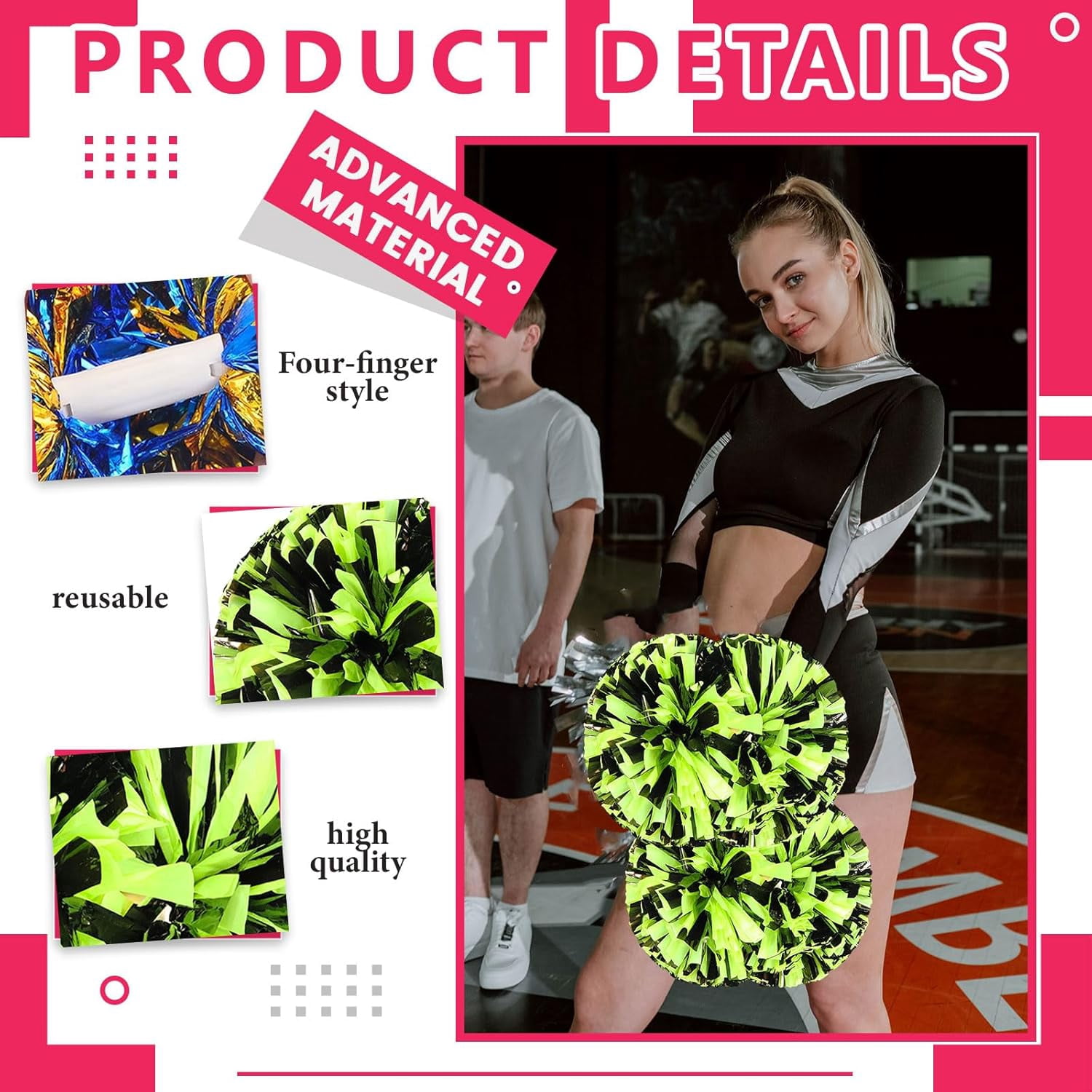 8 Pack Cheerleading pom poms,Handheld Cheer pom poms, Sports Cheer Plastic Pom Poms Cheerleading for Sports Team Spirit Cheering (Black+Green)