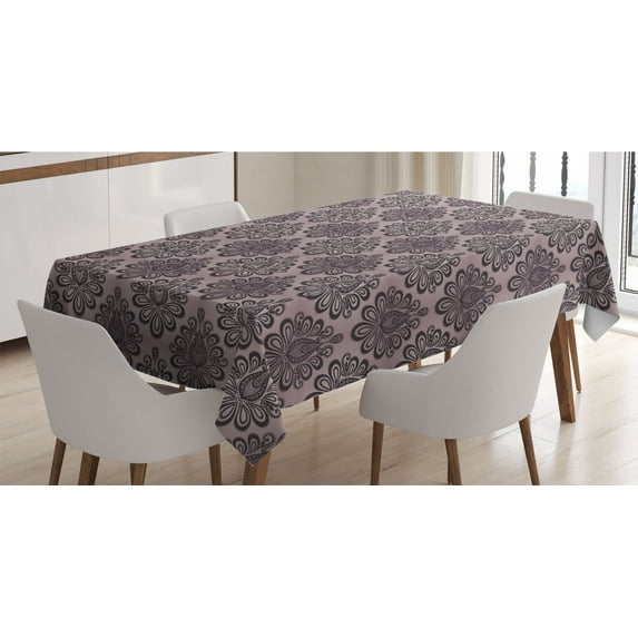 Traditional Tablecloth, Damask Style Grey Motifs with Little Dots and Curly Leaves Vintage Art, Rectangle Satin Table Cover for Dining Room and Kitchen, 60" X 84", Mauve Charcoal Grey, by Ambesonne