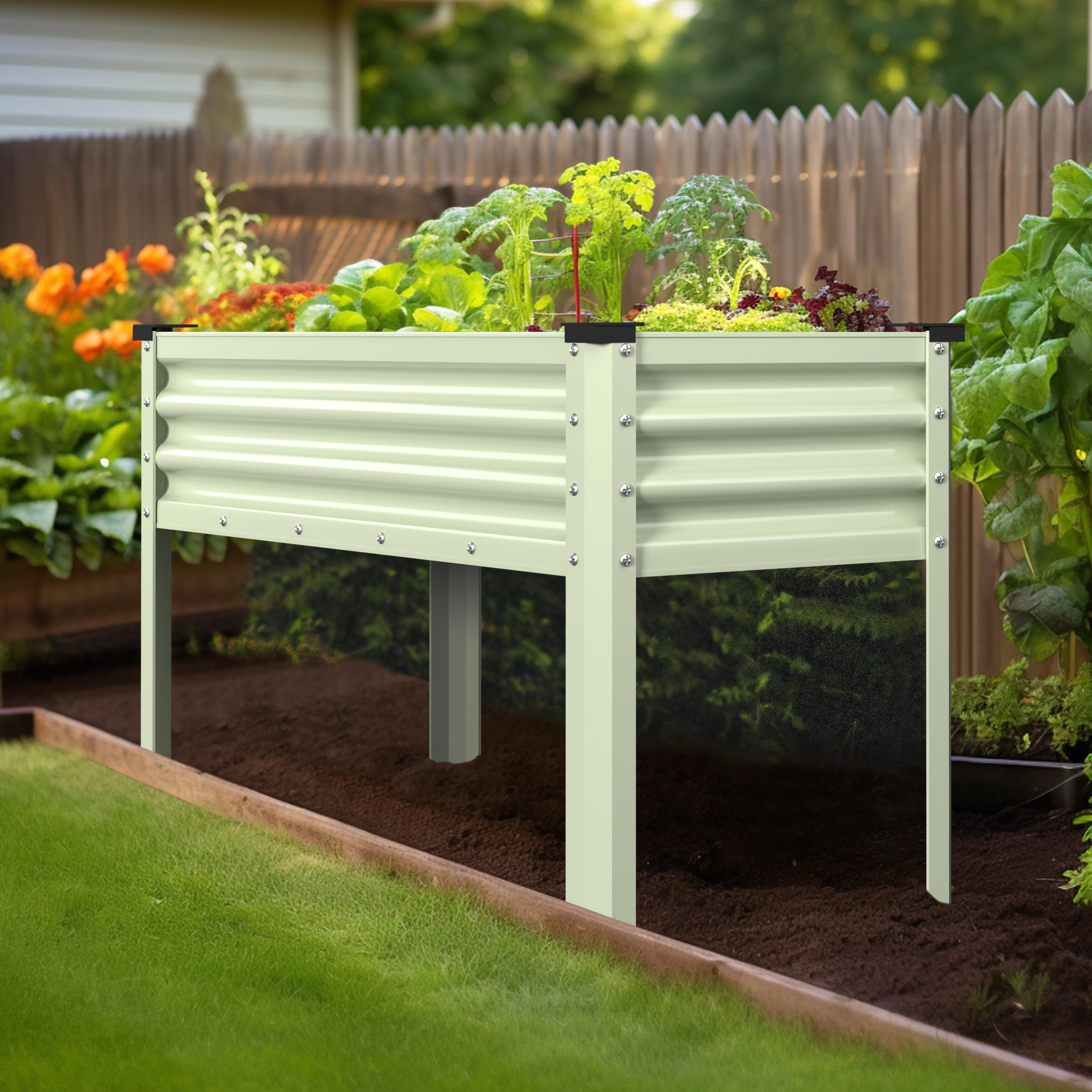VEIKOUS 48''Lx23''Wx32''H Raised Garden Bed, Steel Planter Box W/Drainage and Detachable Liner, 7.5 Cu Ft Capacity, Cream White