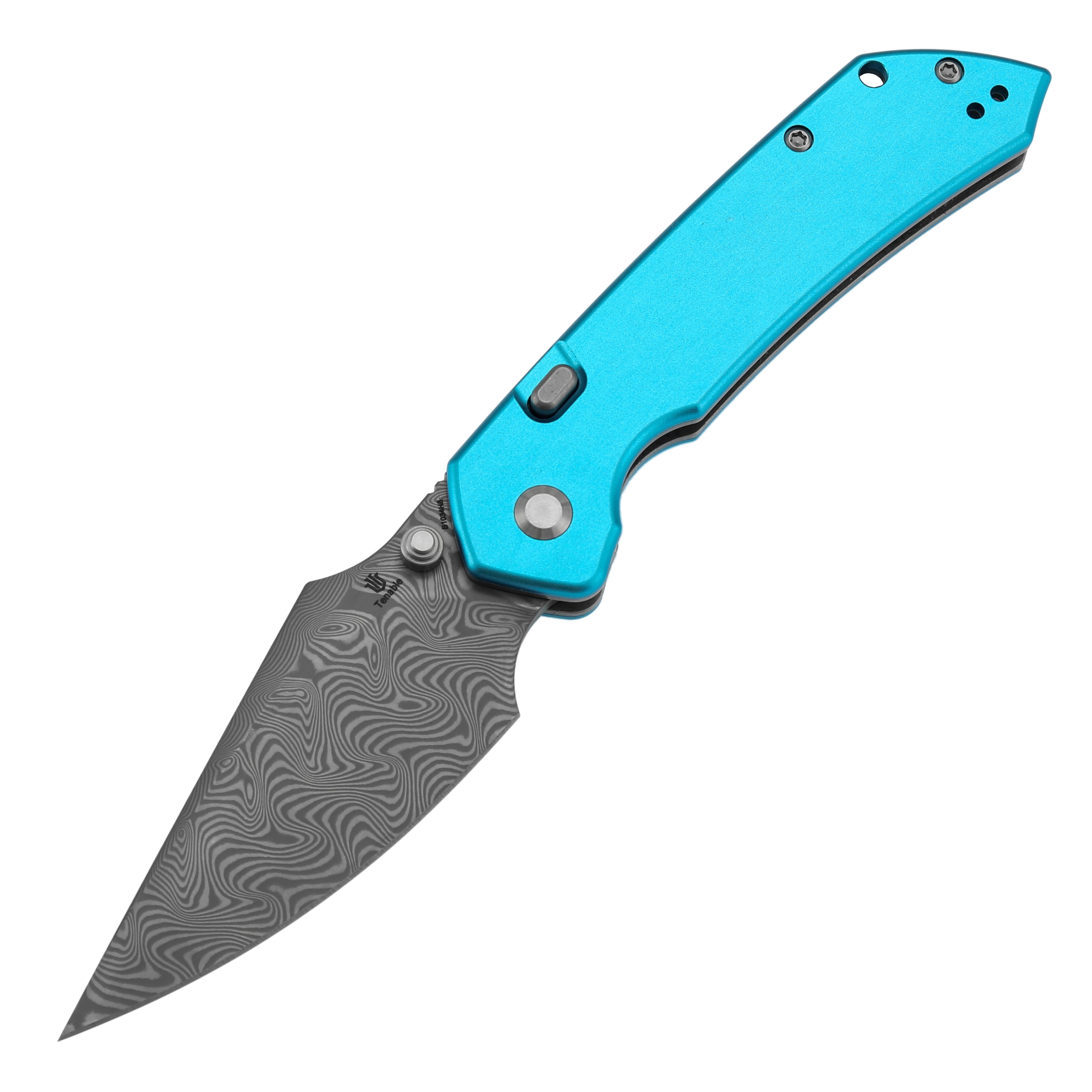 Tenable Fenrir Folding Pocket Knife 3.4“ Damascus Blade Blue Aluminum Handle B1034H8