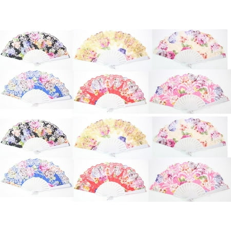 Set of 12 Large Chinese Japanese Nylon Lace Floral Folding Hand Fans