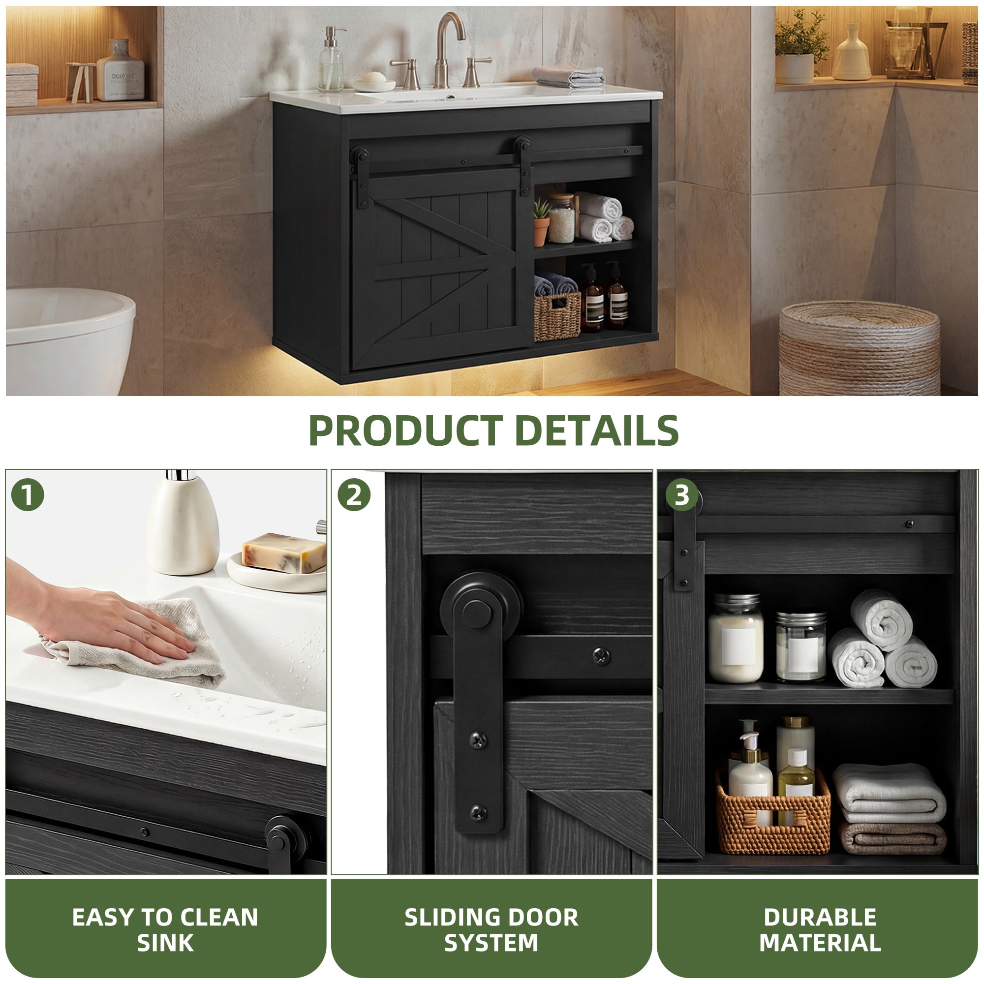 Uforic 24 Inch Farmhouse Floating Bathroom Vanity with Ceramic Sink, 7-Color LED Ambient Light & Sliding Barn Door for Small Compact Bathroom Spaces, Black