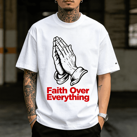 Men Faith Over Everything Praying Hands Graphic T-Shirt, Crew Neck Short Sleeve Cotton Tee, Inspirational Christian Religious Casual Top for Daily Church Summer Wear