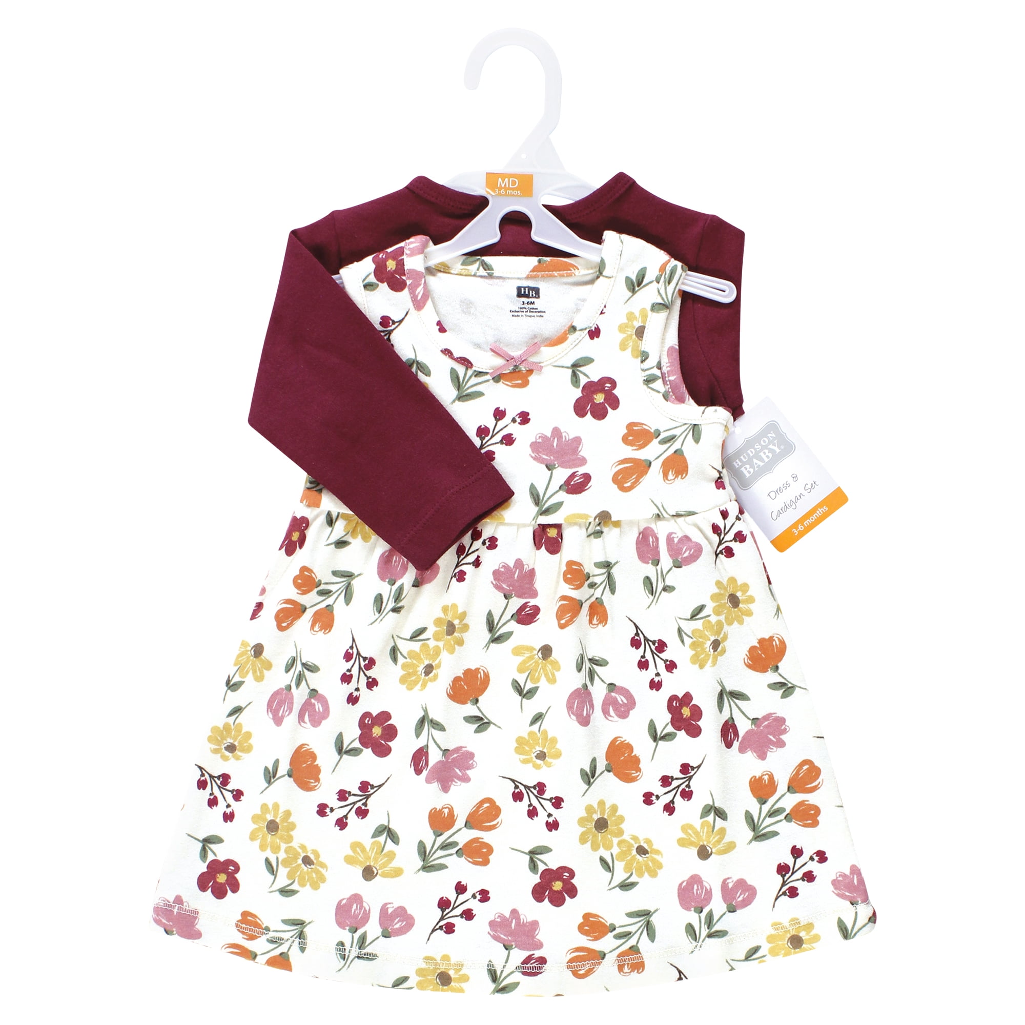 Hudson Baby Infant and Toddler Girls Cotton Dress and Cardigan Set, Autumn Floral, 9-12 Months