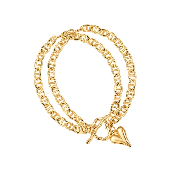 Aobei Pearl Dangle Heart Charm Toggle Bracelet, 18k Gold Plated Anchor Mariner Chain Bracelet, Chunky Layered Bracelets for Women 7.7”