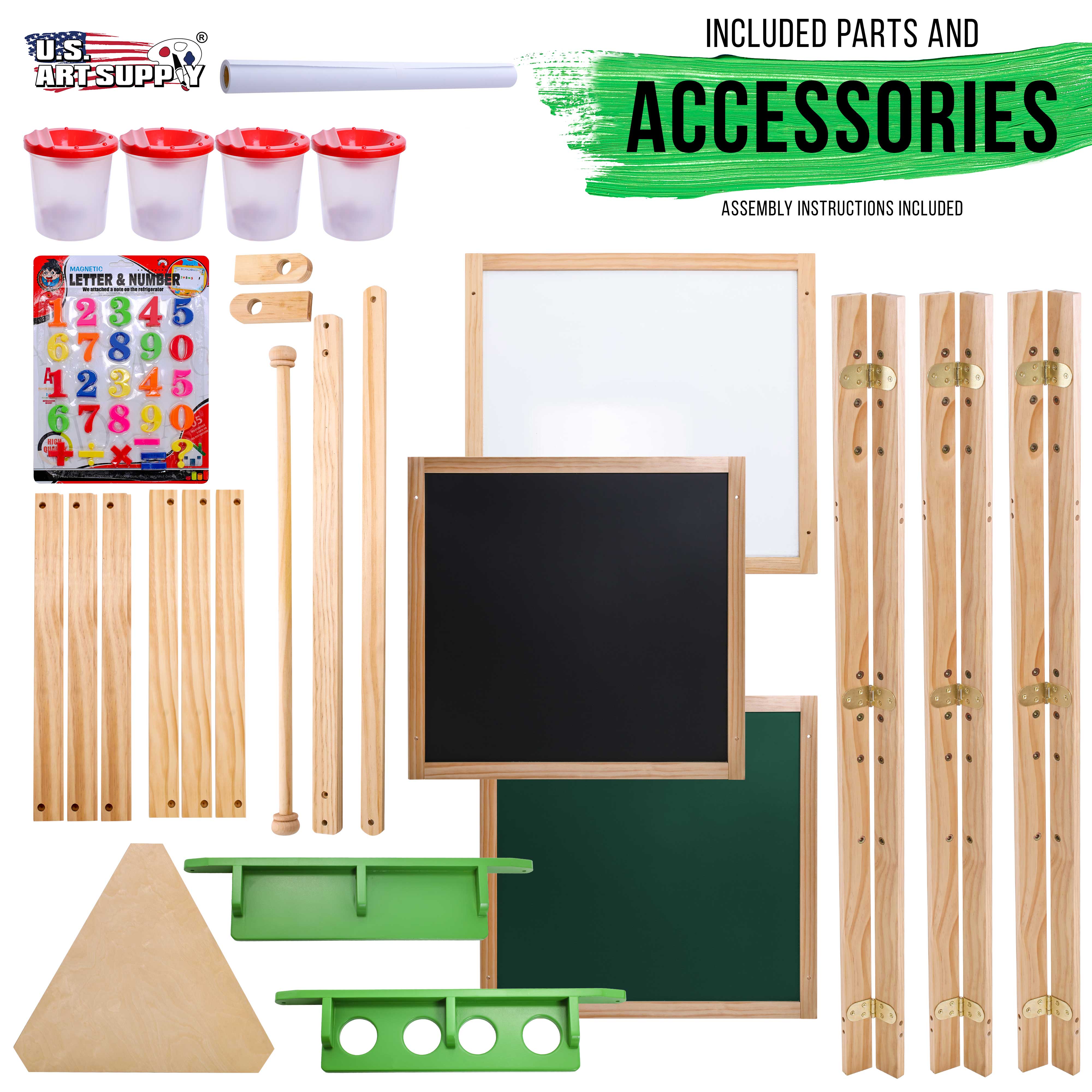U.S. Art Supply Children's 3-Sided Art Activity Easel with 3 Magnetic Shelf Stations, Chalkboard, Blackboard, Dry Erase