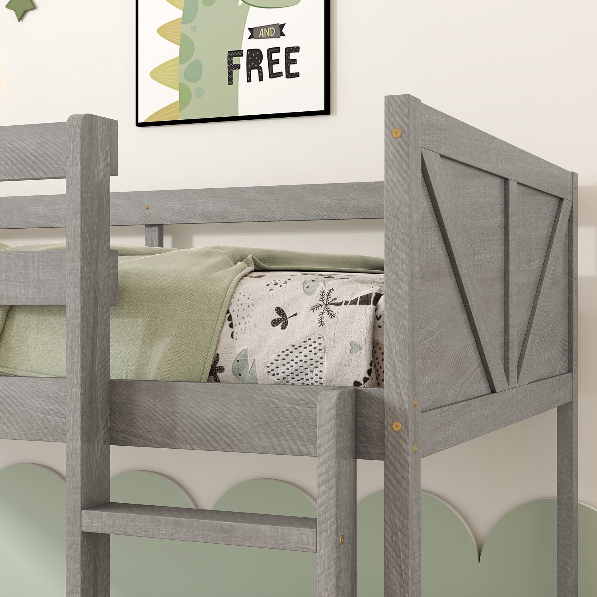 Sailvan Twin over Twin Floor Bunk Bed with Panelled Headboard, Solid Rubber Wood Foundation