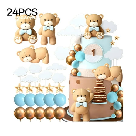 FEZOR 24Pcs Blue Bear Cake Toppers White Cloud Star Gold Blue Balls Baby Bear Cake Decorations for Birthday Baby Shower Party Decor