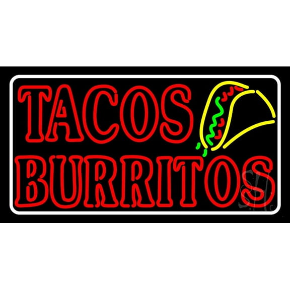 Red Tacos Burritos LED Neon Sign 20 x 37 - inches, Black Square Cut Acrylic Backing, with Dimmer - Bright and Premium built indoor LED Neon Sign for restaurant window and interior decor.