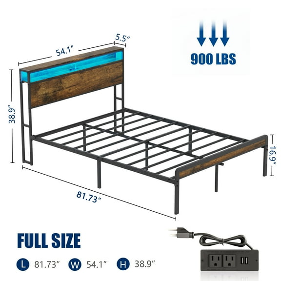 Full Size Bed Frame with RGB LED Headboard & Charging Station, Heavy Duty Metal Platform Bed with Storage, 900 lbs Capacity, Black Industrial Style