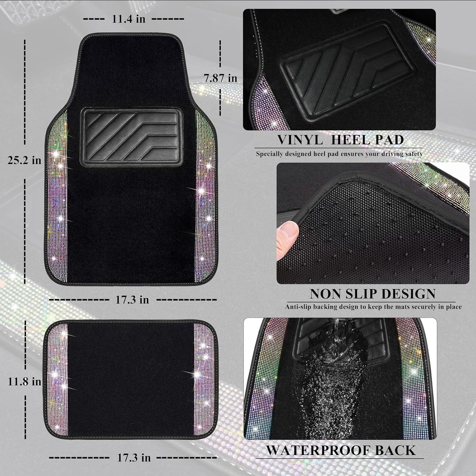 Car-Grand Bling Rhinestone Diamond car floor mats shining carpet sparkly glitter crytal with anti-slip heel waterproof universal fit cute girl women 4pcs Multi-color