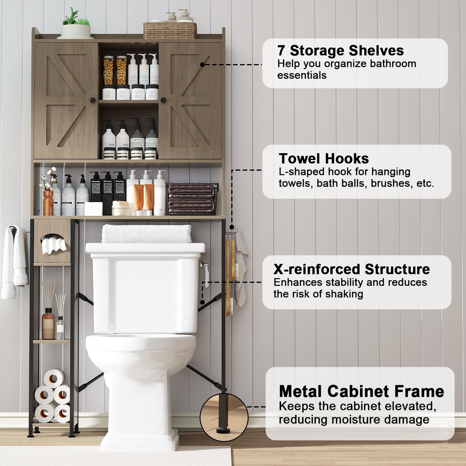 POAO Over the Toilet Storage Cabinet with Metal Frame &7 Storage Shelves,Bathroom Storage Organizer with Adjustable Shelves &Paper Holder,Oak Grey