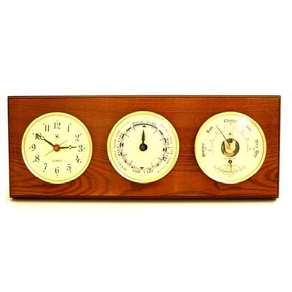 Bey-Berk International Quartz Clock Tide Clock & Barometer with Thermometer - Oak Wood