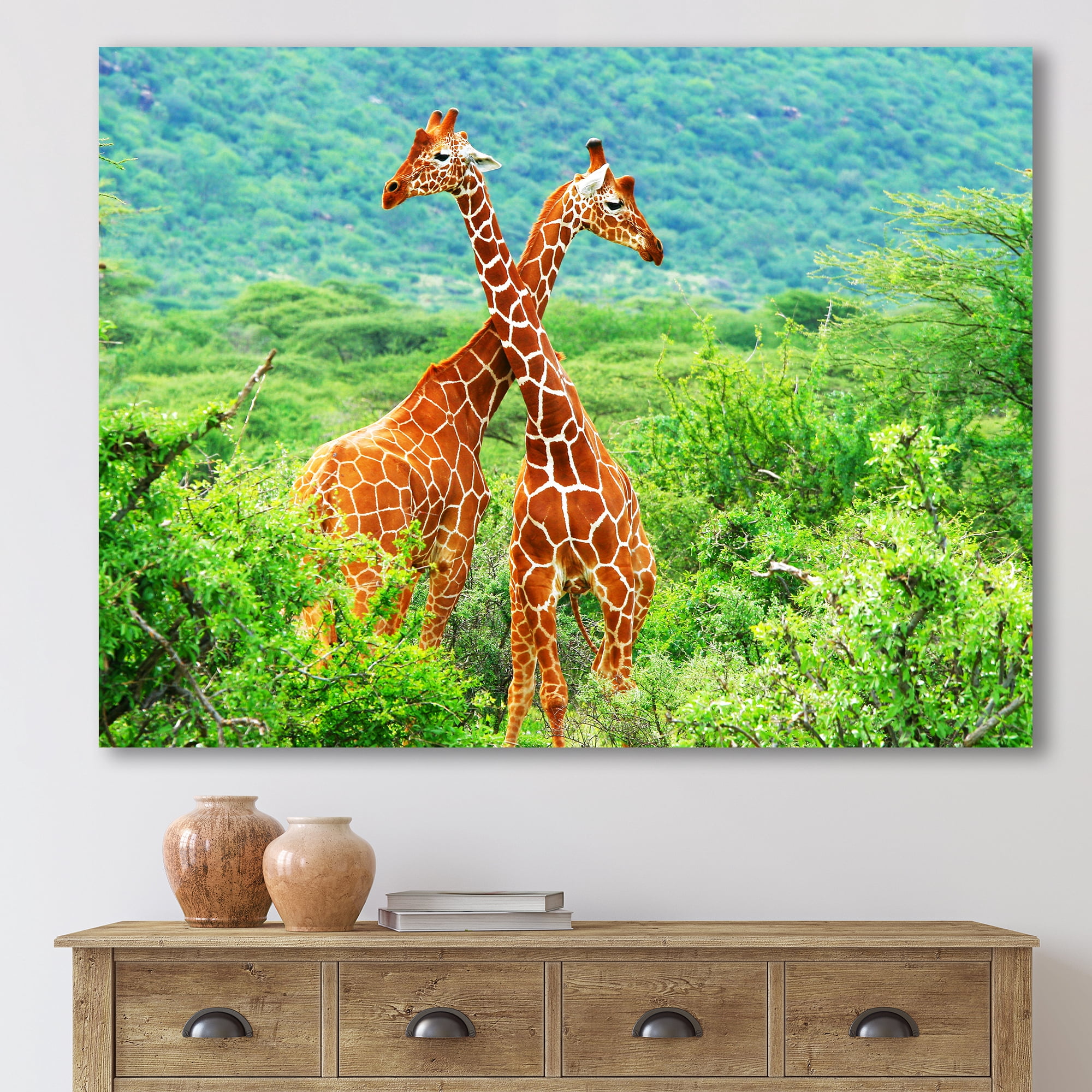 Designart ' Two Giraffes Fighting In Lush Green Wild ' Farmhouse Canvas Wall Art Print