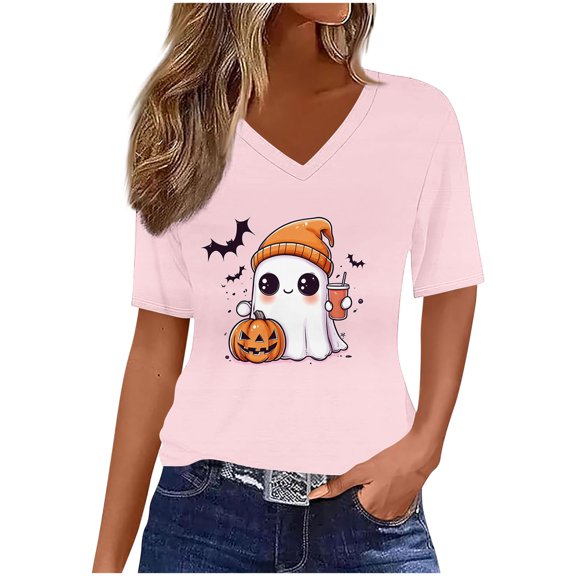 Jsaierl Womens Halloween Shirts Funny Ghost Graphic Tees Stretch Loose Fit V Neck T-Shirts Short Sleeve Holiday Blouse Tops Halloween Clothes,Sizes S-3XL