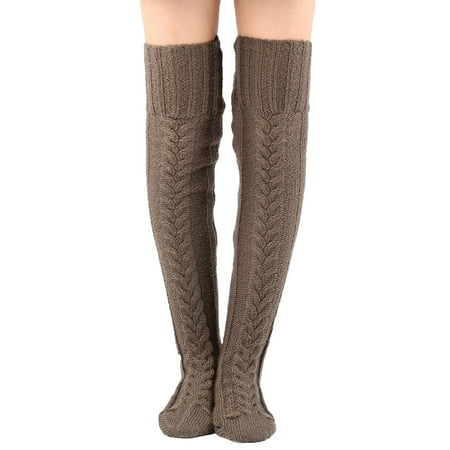 

YWDJ Thigh High Socks for Women Autumn And Winter Knitted Knee Length Stockings Women Lengthened Floor Stockings WOOL Pile Stockings Brown Free