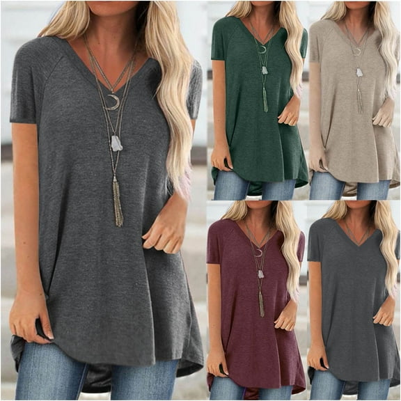 CFLVAEK Long Tshirts for Women Plus Size V Neck Summer Tshirt Casual Short Sleeve T Shirt Solid Color Classic Fit Tees 2025 Black XL