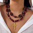 thumbnail image 2 of PISONIC Women Boho Red Printed Fabric Ribbon Necklace, Irregular Tiger‑Eye Look Beads with Geometric Gold Cross Pendant Statement Collar Necklace, 2 of 5