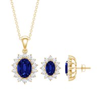 Rosec Jewels Lab Grown Blue Sapphire Jewelry Set with Moissanite Halo for Women - AAAA Grade, 10K Yellow Gold