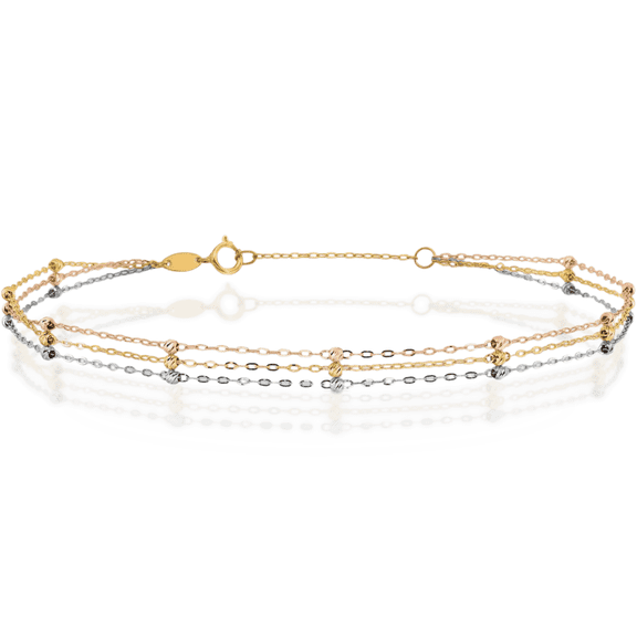 10K Solid Tri Color Pink White Yellow Gold 3 Strand Beaded Anklet Summer Beach Foot Ankle Bracelet