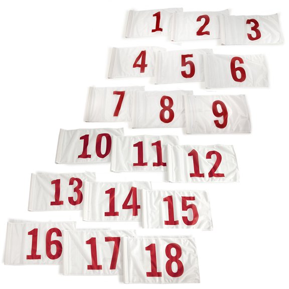 Vispronet 20in x 14in Numbered Golf Flag Flags 1-18 Fabric is Lightweight, Durable, and Flame Retardant - White Flag with Red Numbers