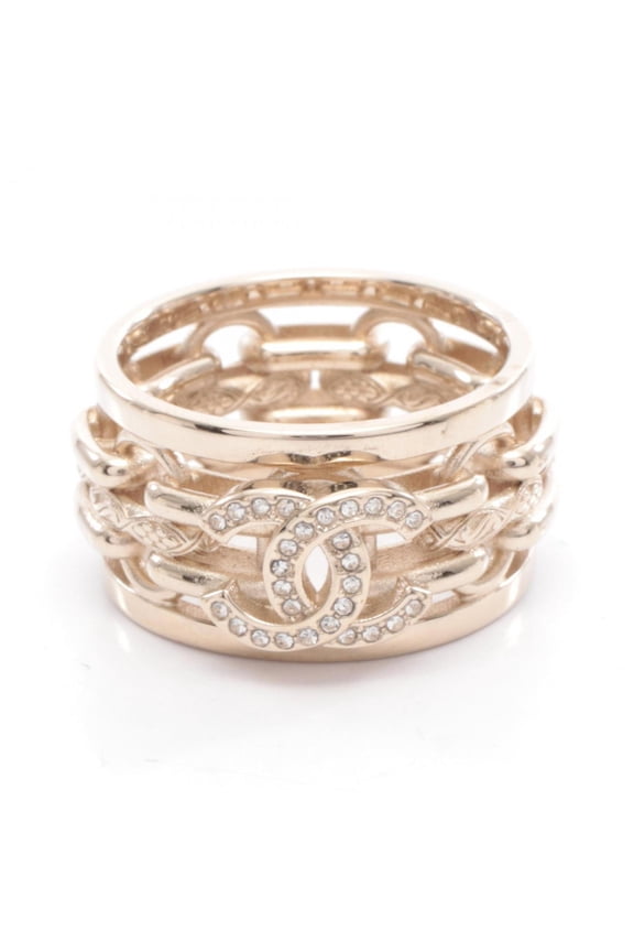 Pre-Owned CHANEL Coco Mark Ring with Gold-Plated Rhinestones for Women