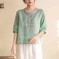 thumbnail image 5 of ClodeEU Women's Floral Embroidered Linen Blend Top,Casual Round Neck 3/4 Sleeve Blouse Green,Women's Plus XXL, 5 of 5