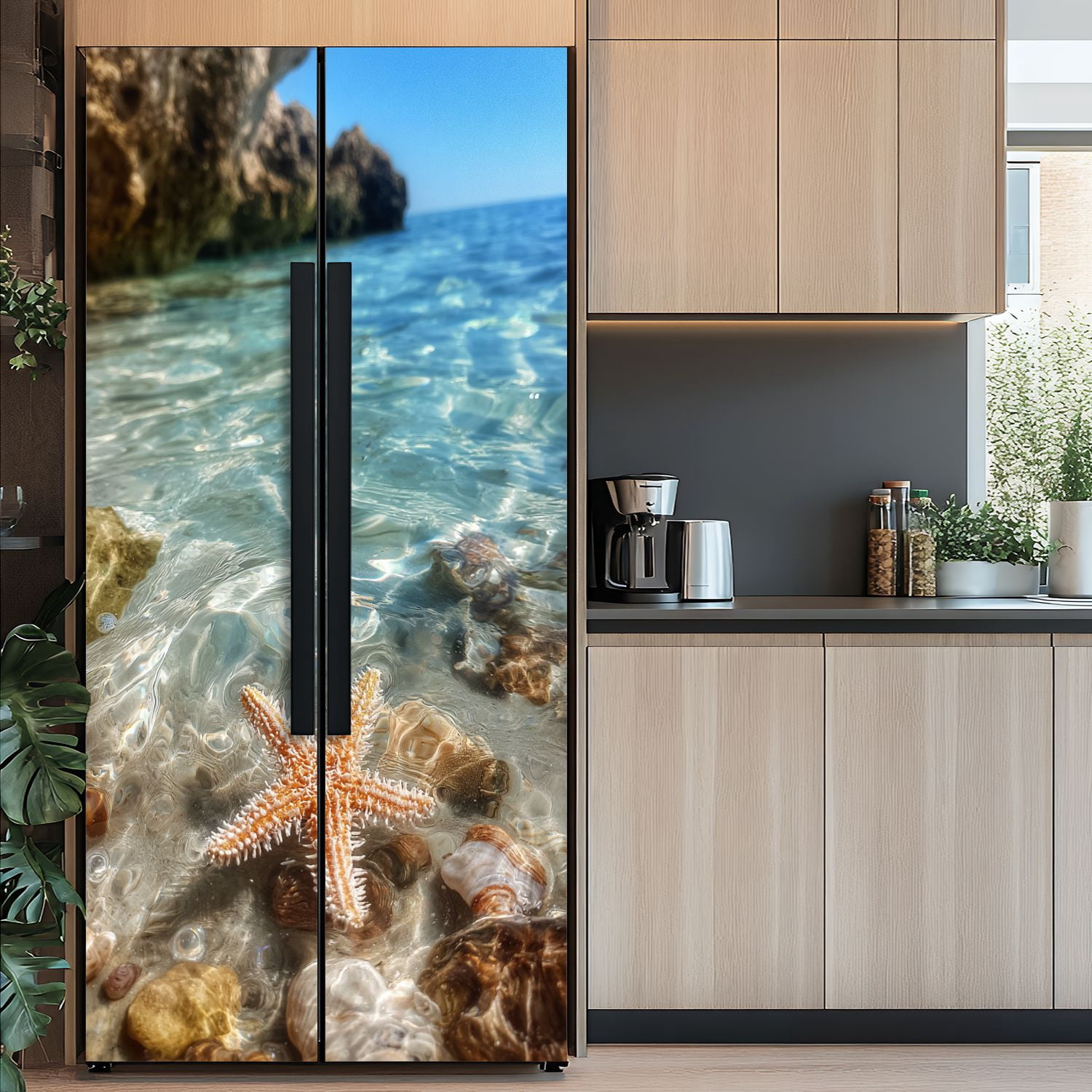 Self Adhesive Vinyl Refrigerator Wrap Set Starfish coral summer beach sea water Summer Door Mural Removable Fridge Sticker Peel and Stick&nbsp;Full Door Cover Decal Kitchen Bar Decor