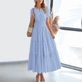 thumbnail image 2 of MORTTIC Women's Elegant V-Neck A-Line Short Sleeve Dress, Solid Color Pleated Maxi Dress for Spring/Summer Light Blue，M, 2 of 6
