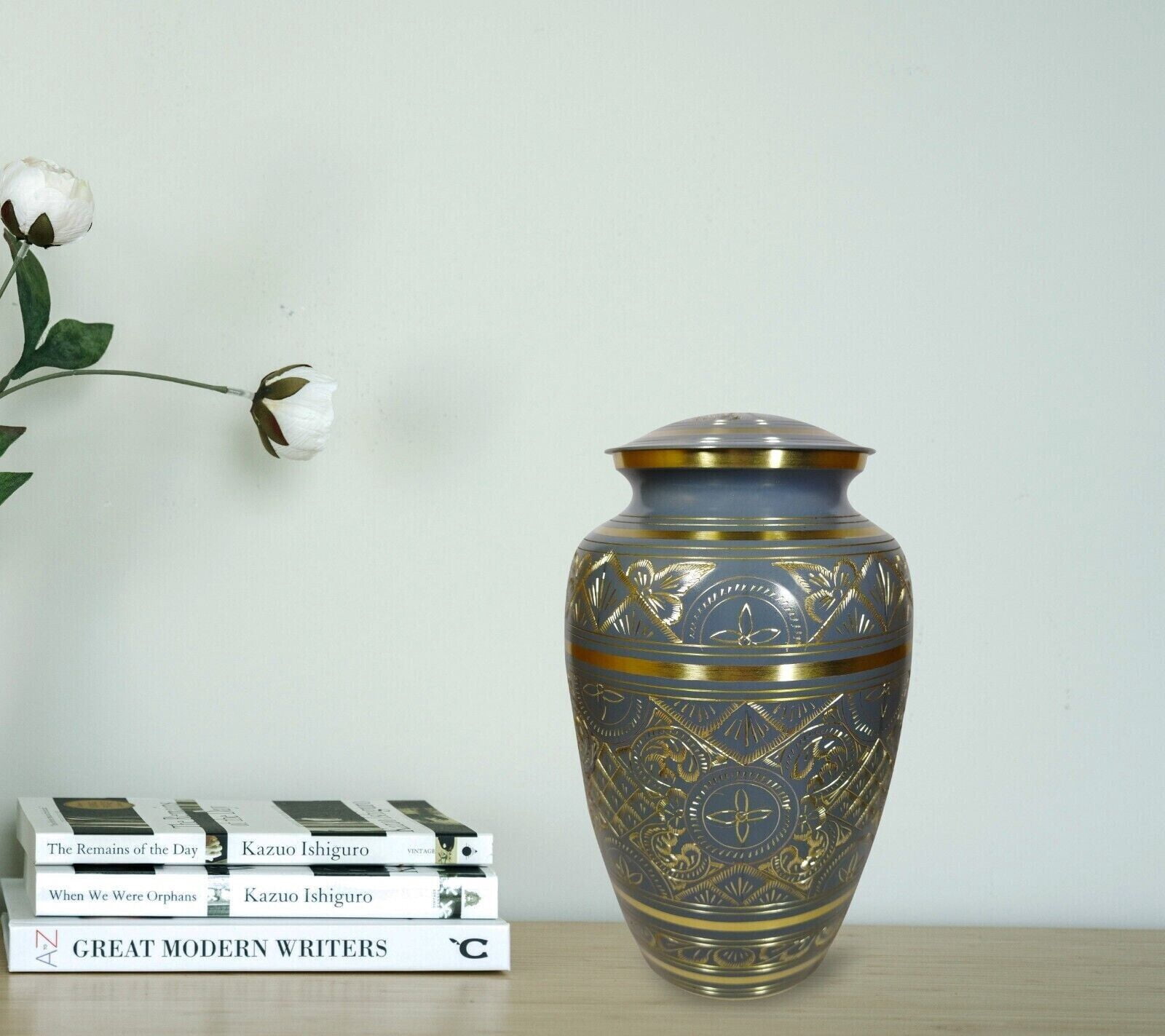 Cremation Urn Grey And Gold Engraved Funeral Burial Urn For Human And Pet Ashes Adult Size Urn with velvet bag