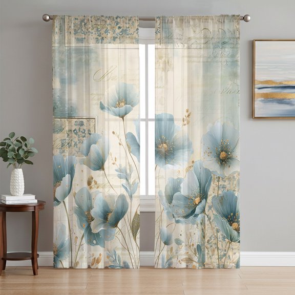 Spring Floral Sheer Curtains 96 Inch Length 2 Panels Set, Teal Tulip Botancal Summer Flowers Voile Window Treatment Semi Sheer Long Curtains Drapes for Bedroom/Living Room/Kitchen 52"x96"x2