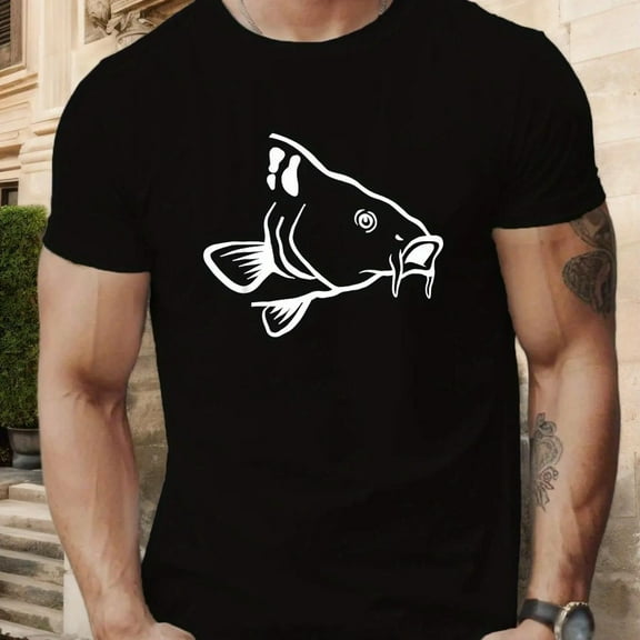 Men's Graphic Tees, Comfort T-Shirt with Fish Print, Casual Round Neck Top，Simple style，Loose，cotton，black，S-5XL