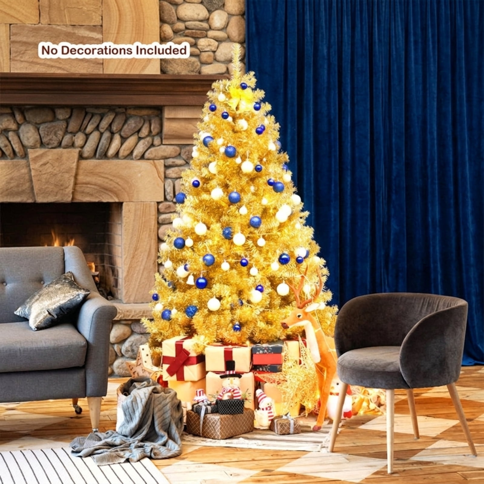 RUIE, 6 ft, Artificial Christmas Tree, with Metal Stand, 1036 Branch Tips, Champagne Gold Holiday Xmas Tree for Indoor Home Office Decoration