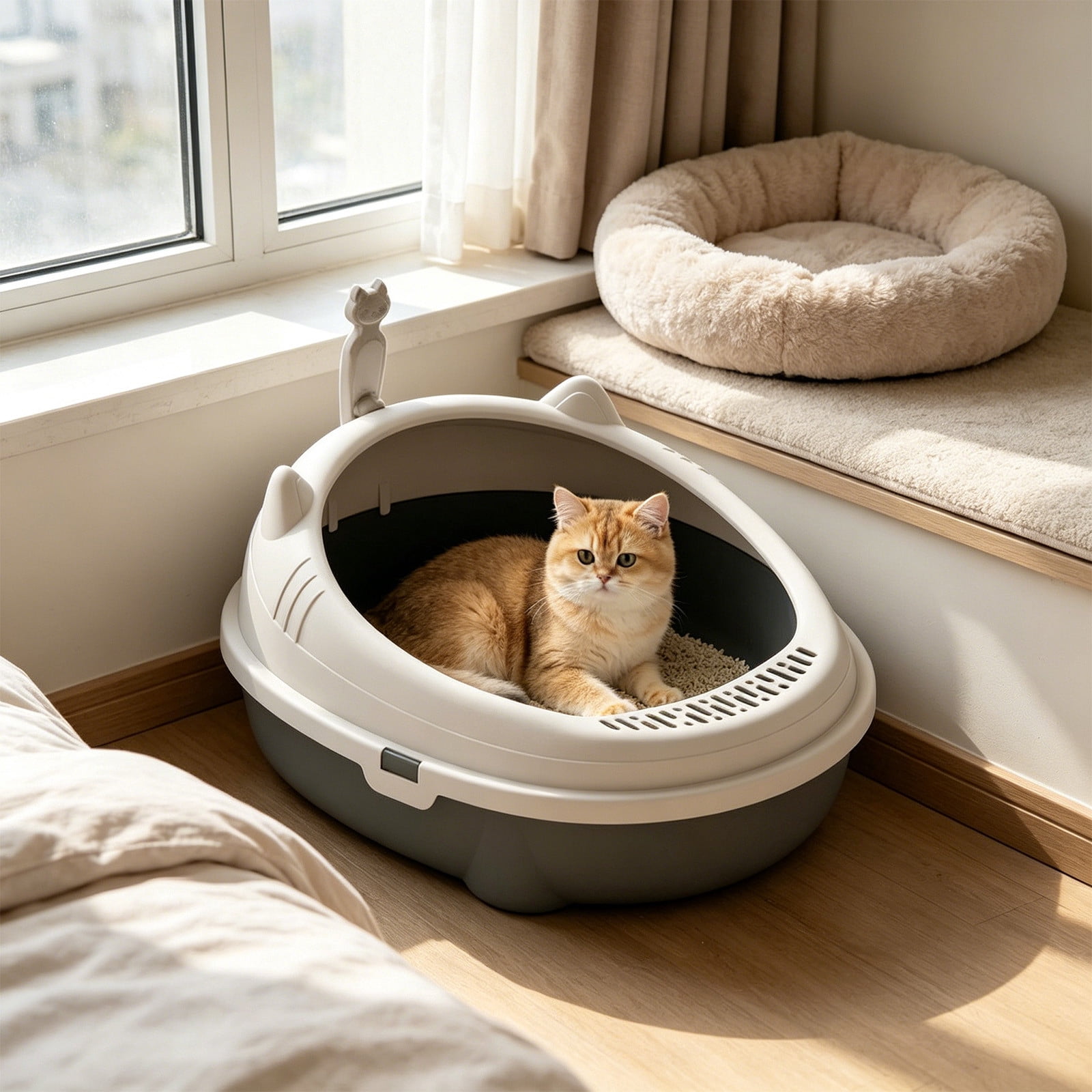 2026 New Open Top Cat Litter Box, High Wall Semi Enclosed Pet Litter Tray for Home Living Room, Non Slide Bottom & Easy to Clean, 16.54x14.17x6.69in Gray
