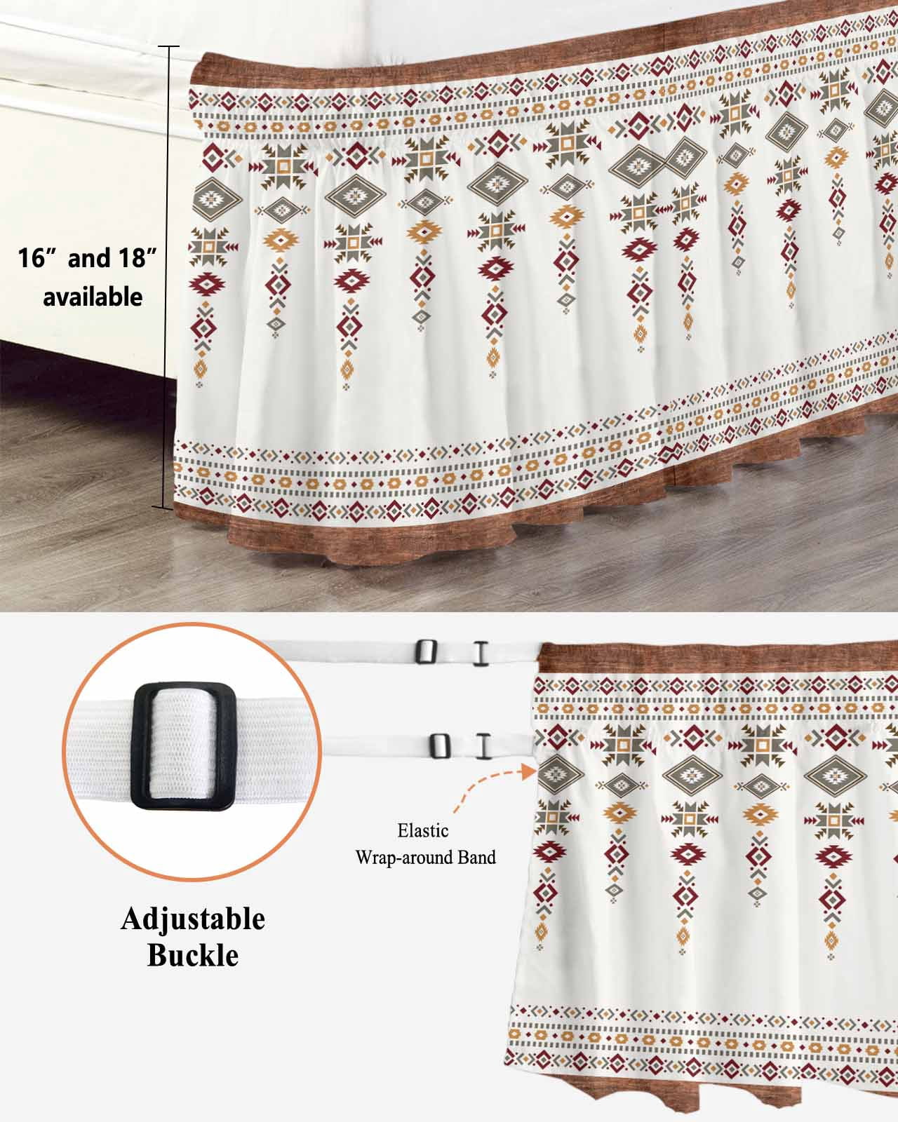 Vintage Southwest Bed Skirt Wood Grain Boho Geometric Tribal Style Bed Skirts Queen Size 16 Inch Drop, Wrap Around Dust Ruffle&nbsp;Bedskirt with Adjustable Elastic Belt for Queen Size Beds