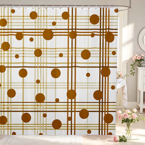 Manfei Classic Plaid Shower Curtain 72Wx72L,Cute Polka Dot Bathroom Curtain,White Brown