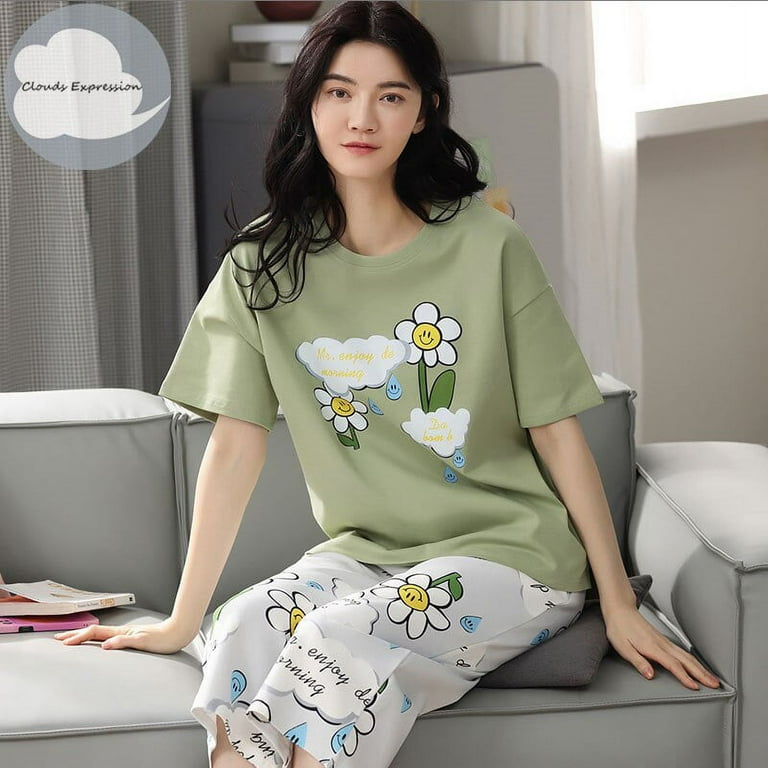 QWZNDZGR Summer 100 Cotton Cartoon Pajamas Sets Women Pyjamas