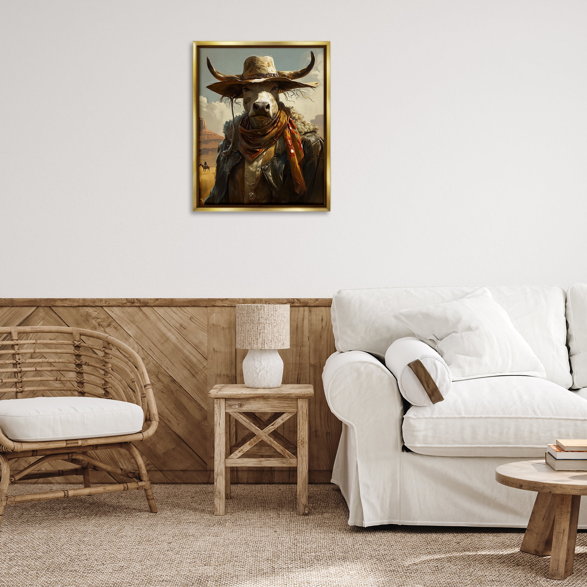 Stupell Industries Rustic Cattle Cowboy Novelty Painting Gold Floater Framed Canvas Art Print Wall Art, 25 x 31
