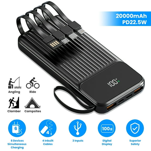 Moclever 20000mAh Portable Power Bank PD22.5W Fast Charger with 4 Inbuilt Cables Digital Display Handle Fit For IOSPhone 15/14 Android and More, Black