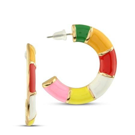 Color Stripe Enamel Hoop Earrings - Vintage Gold Earrings for Women - 38mm