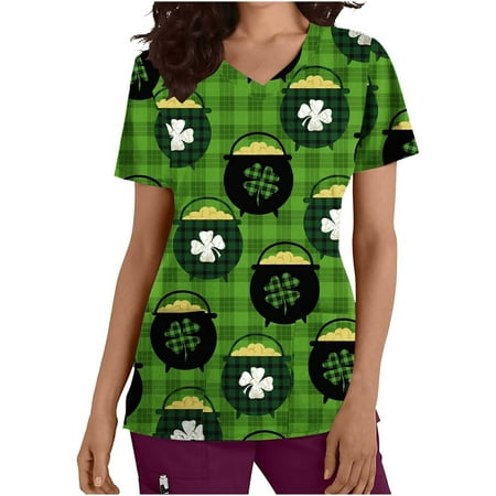 

CYMMPU Women s V-Neck Pocketed Scrub_Tops Nurse Workwear Uniform Clearance Tops Summer Tees Short Sleeve Shirts Trendy St. Patrick s Day Tunic Green Clover Graphic Fashion Tshirts Mint Green S