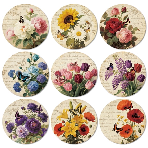 Coasters Set of 9 Retro Flowers Pattern Colorful Wooden Coasters Bulk Round Housewarming Gift