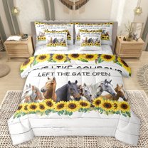 Manfei Country Horse Sunflower 7pcs Bedding Comforter Set,Rustic Farmhouse Cabin Queen Bedding Sets,Yellow White Brown Queen Sheet Sets For Microfiber Bedroom Decor