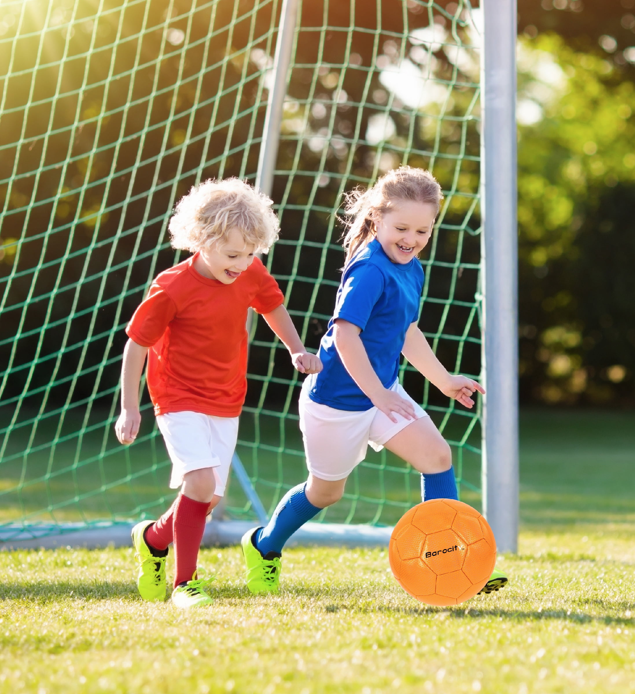Barocity Iridescent Soccer Balls Set of 3 - Mixed Sizes Orange Official Match Balls with Reflective Hex Pattern, Sport Soccer Balls for Indoor and Outdoor Training and Practice Games- Sizes 3, 4 and 5