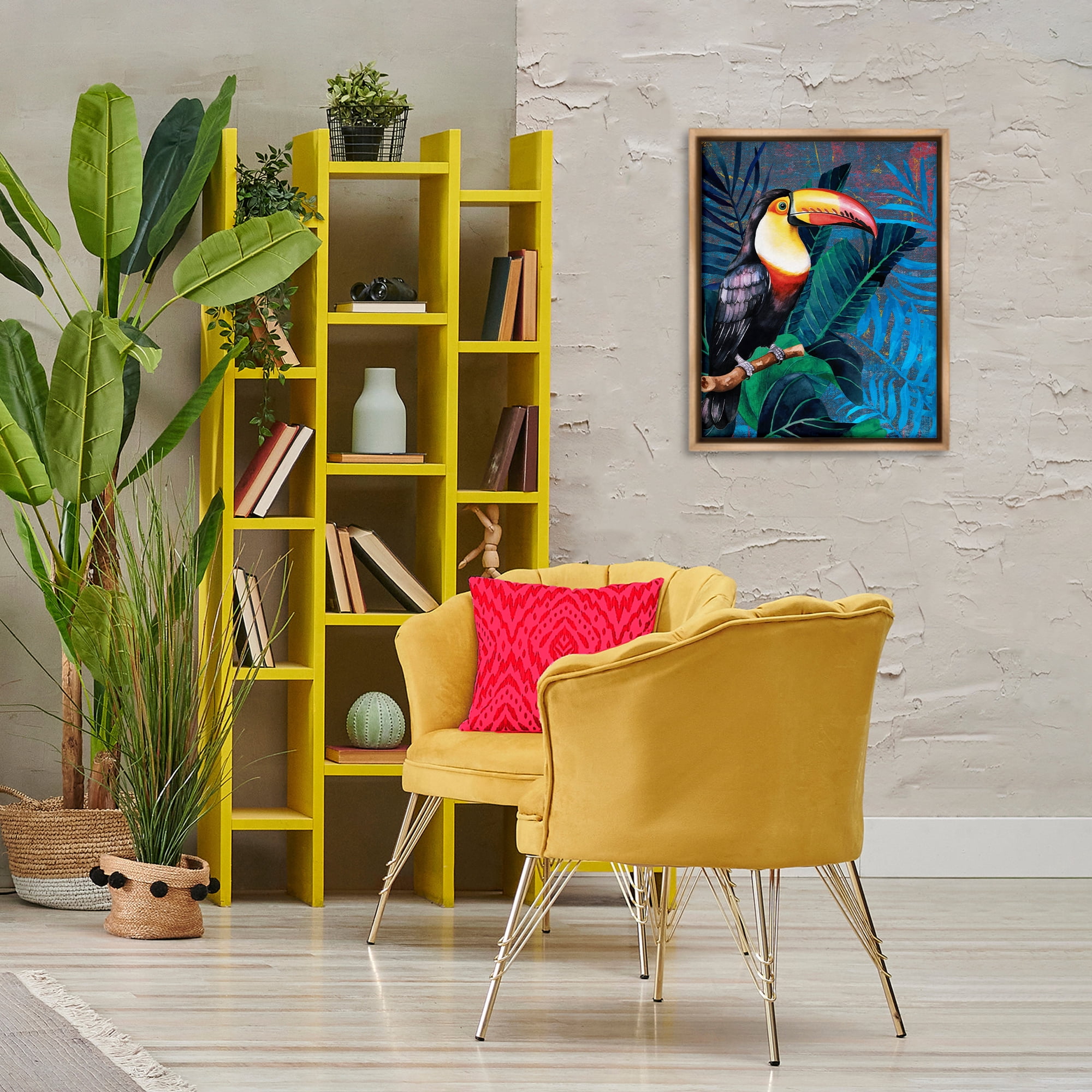 Stupell Industries Bright Toucan Among Leaves Animals Painting Brown Floater Framed Canvas Art Print Wall Art, 17 x 21