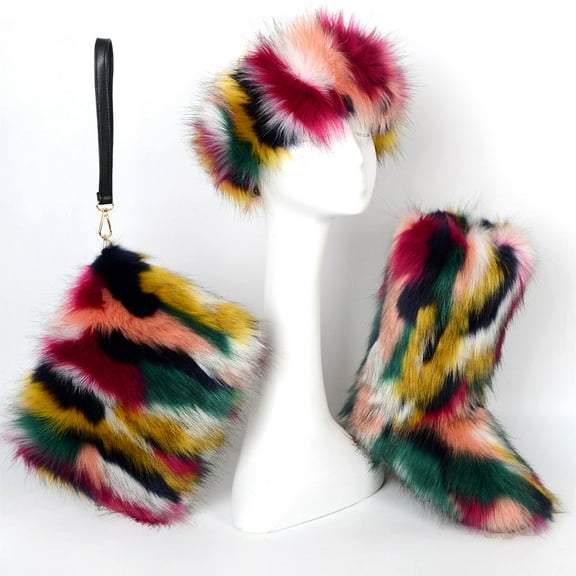 Women's Winter Warm Plush Headband, Handbag, Snow Boots and Fur Three Piece Set with Fleece Imitation Fur Mid Top Boots