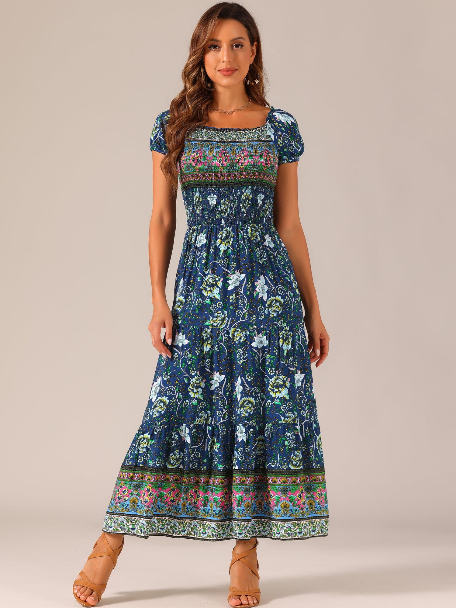 DARING DIVA Women's Boho Floral Square Neck Smocked Back Midi Dresses XS Dark Blue